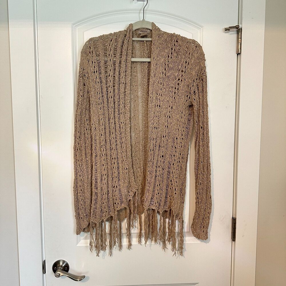 Fresh 525 America Boho Open Knit Fringe Cardigan Sweater Sand Beige Medium - Picture 2 of 10